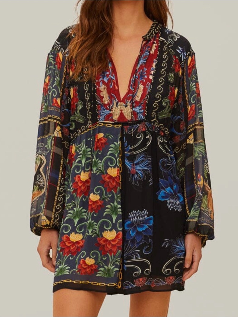 Farm Rio Black Mixed Arabesque Scarves Long Sleeve Mini Dress XL NWOT No Slip